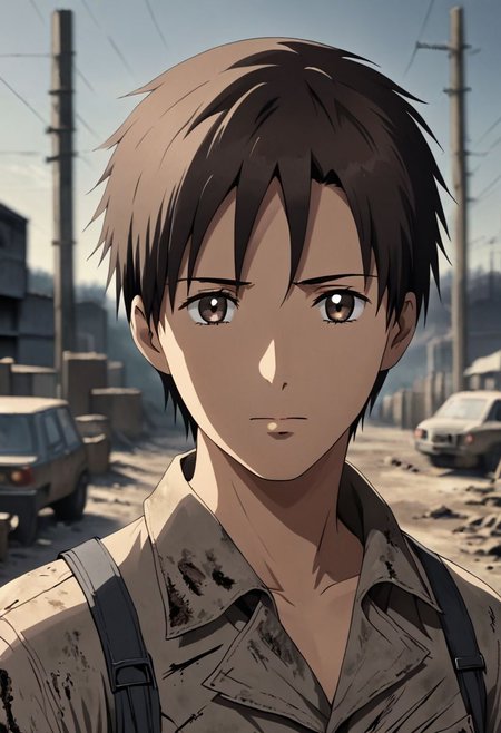 high resolution, solo, best quality, 1Boy, Takaki Toono, Brownish Hair, Brown Eyes, shallow depth of field, Post-Apocalyptic, survival, OverallDetail