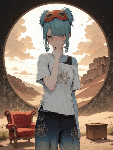 masterpiece,best quality,amazing quality,very aesthetic, mesugaki, haiz_ai, no lineart,no outline, HassaKu_illu, anime screencap, anime coloring, re4lity_sync_illu, S4bit4mago_illu, wasabi_natsume_illu, AmdrewXL, (character focus, close up:1.2),  Flat vector illustration, flat color, digital illustration, vintage dirt, eerie, 
 sand, desert  light brown theme, 
soft lighting, shadows, soft shadows, Chiaroscuro Lighting, side light, light particles,, 
1girl, (solo:1.4), Split dyed hair, short hair, ringlets hairstyle, hair_over_one_eye, multicolored eyes, blue eyes,| blushing,   thick eyebrows, emerald hair, blue hair,      earrings,  (2::light cyans skin, colored skin,:1.2),  front view, dutch angle,, standing, fighting pose,,   cute pose,   
elaborate print,  googles on head,
light purple transparent drape undershirt, Steel Blue cotton stitched-together lowleg pants,
 off shoulder, 
BREAK
dark theme,  golden,  white theme, elaborate background, patterns, puzzle pattern,  gradient,  wallpaper, wall, clouds, colored clouds, 
   colored grass, dry grass, futuristic architecture,  armchair, vases, 
<lora:NOOB_vp1_detailer_by_volnovik_v1:3> <lora:add-detail-xl:3> <lora:DetailedPerfect_hands_r1:1> <lora:feet_anime_pony_v2:1> <lora:S4bit4mago:0.6> <lora:xl_more_art-full_v1:0.4> <lora:anime_screencap:0.2> <lora:Granblue Fantasy XLV2:0.2> <lora:Sinozick_style:0.8> <lora:LineArt Grey [LoRA] - Illustrious-XL v0.1:0.4> <lora:Gothic_Grain_Illustrious:0.2>