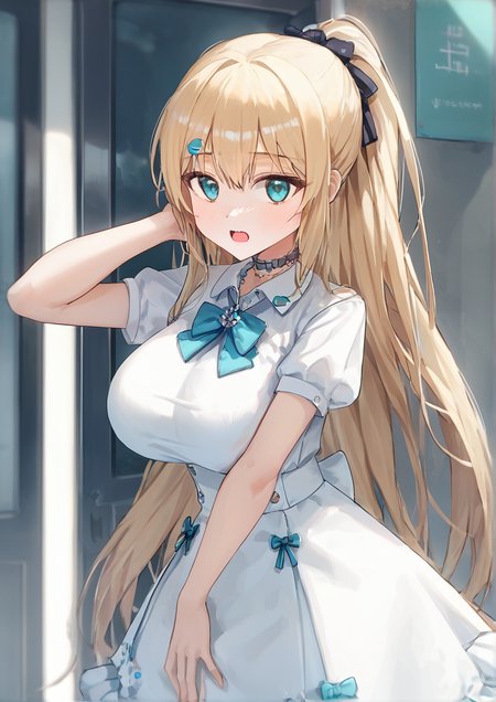 1girl, akai haato, huge breast, aqua eyes, blonde hair, breasts, dress, empty eyes, english text, hair ornament, hair ribbon, hand on own head, heart, heart hair ornament, long hair, looking at viewer, looking back, official alternate hairstyle, open mouth, ponytail, ribbon, shirt, solo, stitched neck, stitches, very long hair, white dress, white shirt, wide-eyed,zPDXL3<lora:ã¯ã¹ã¿ã«Kustaru:1>