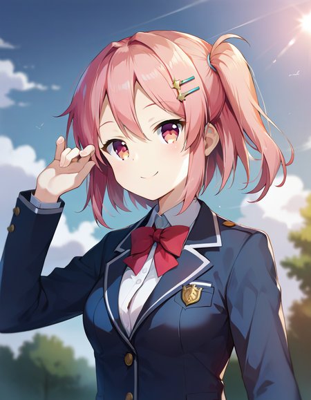score_9,score_8_up,score_7_up,score_6_up BREAK official art,solo,outdoors,smile,upper body,(portrait:1.5),looking at viewer,facing viewer,Shindou Ayane,short hair,pink hair,one side up,hair ornament,hairclip,sidelocks,hair between eyes,parted bangs,pink eyes,school uniform,blue jacket,blazer,wing collar,open jacket,red bowtie,collared shirt,white shirt,medium breasts,skindentation,long sleeves,blue skirt,plaid skirt,pleated skirt,white socks,loafers,<lora:Shindou Ayane(ksak)-Pony:1.2>,<lora:Smooth Anime Style LoRA XL:0.8>,