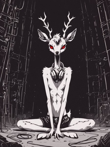 <lora:Psychedemon-000009:1>,
<lora:Xenotrip_v.2:0.6>,
<lora:Concept Art DarkSide Style LoRA_SeaArt Furry XL 1.0:0.7>,
score_9_up, score_8_up, score_7_up, score_6_up, furry_source, xenotr1p, concept art, dark theme, low light, backlight, radiating power, in front,
dark shadow of a terrible creature bent over of (anthro deer male) with (headphones on ears listening) to (postpunk) music from (smartphone), (posing, sitting on ground), body is (shrouded in wires), wires, skinny, red eyes, animal legs, detailed fur, (loose outfit),
moody, grim, emotional, otherwordly,
<lora:add-detail-xl:0.7>,
<lora:RMSDXL_Enhance:2>,
<lora:great_lighting:3>,