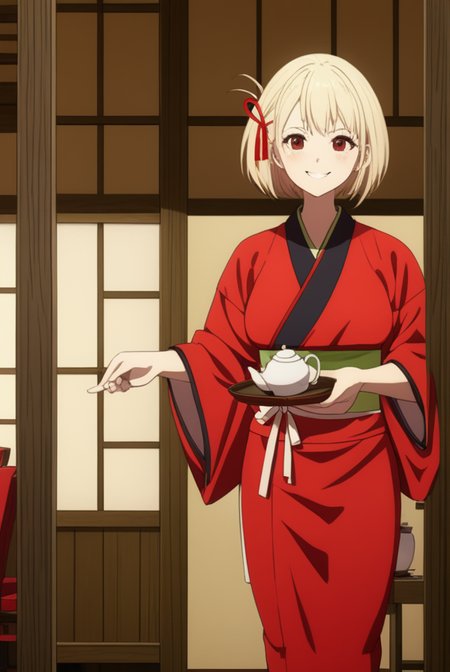 masterpiece, best quality, highres, 4k, 8k, intricate detail, cinematic lighting, amazing quality, amazing shading, soft lighting, Detailed Illustration, anime style,
chisatonishikigi, <lora:chisato-nishikigi-s1-sdxl-lora-nochekaiser:0.75>,
chisato nishikigi, short hair, bangs, blonde hair, red eyes, hair ribbon, one side up, bob cut, smile,
japanese clothes, kimono, apron, red ribbon, waitress, red kimono,
indoors, restaurant, tea, chair, table, tea house,
looking at viewer, full body,