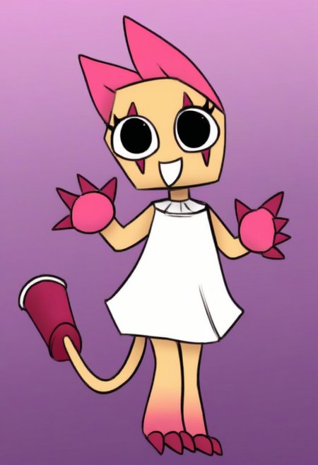 gradient background, thick lines, shading colors,
1girl, cartoony, cute, (cowboy shot, upper body), 
scraps, cat ears. tail, white dress, sleeveless, black eyes, claws,
smile, full body, dynamic pose, standing, looking at viewer, pink and purple background, opening mouth