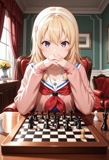masterpiece,best quality,absurdres,highres,very aesthetic,high quality,detailed,insanely detailed,beautiful,perfect lighting, ,depth of field,blurry background,bokeh, looking at viewer, 
<lora:Reo Wakasa illu:1> 1girl, blonde hair, purple eyes, hair ornament, hairband, long hair, hair bobbles, pink cardigan, red neckerchief, serafuku, blue skirt
indoors, armchair, mansion, vase, board game, chess, chess piece, chessboard, playing chess, playing games, looking at object, pov across table, upper body, green eyes, cleavage, gemstone, jewelry, window, curtains, gendou pose, own hands clasped, own hands together, covered mouth, serious, v-shaped eyebrows, light blush