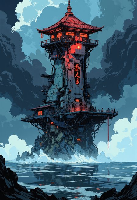 manga, anime, inksketch, minimalist digital illustration, A digital artwork in the style of cknc, a wabi sabi watchtower with a landing platfrom, the surface is water, dramatic storm in background
S1n0z1ck style, A digital artwork in the style of bladerunner.
<lora:s1n0z1ck-flux-test-lora:0.3>  <lora:Anime v1.3:0.6>
<lora:ck-Sommo-Concept-Art:0.6>
<lora:ck-nc-pastel-cyberpunk:0.2>
<lora:ck-shadow-circuit:0.3>
<lora:ck-MetalGearSolid:0.45>