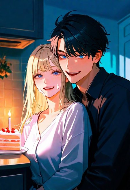 1boy 1girl, two people hugging each other, (1girl, blonde hair, beautiful), detailed eyes, adult, blue eyes, bangs, muted colors, {{beautiful detailed face}}, semi-realistic, {{aesthetic}}, {{{best quality}}}, watercolor on paper, stunning, perfect body, soft features, looking at viewer, cream on face, cake, wide angle, blowing candle, 
BREAK         (1boy, dark hair, smiling, handsome face, angular face, male model face), 
BREAK        {{detailed background}}, in the kitchen, messy kitchen, Christmas vibe.