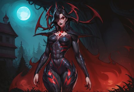 safe_pos, safe_pos, masterpiece, best quality, solo, 1girl, 40 year old woman , beautiful face, realistic face , hela_rivals  ,Hela, ultimate skin, bodysuit, armor, red eyes, cape, flaming cape, red cape, red details, black bodysuit,  full body,  claws, shoulder armor, ,long hair, black hair, bodysuit,  bodysuit, bare shoulders, hair over one eye, muscular body, muscular arms, muscular legs, well defined abs , black lipstick, black hair,  Seductive,, looking at viewer, seductive cocky smirk, full body visible, sharp fingernails, red latex socks, 


in a red sky tundra, night time, full moon, dead trees, Raven in the sky,

cr0mb, Expressiveh, 
