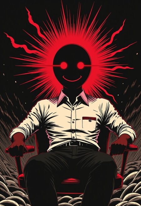 m100-style, magician with planet head, sitting in Office chair, wearing Shirt with Smiley icon, monochrome with bleaked beige and dark-red black color, billowing vibrant Aura, Showing the Bold Text/title "m100" with Motion lines,