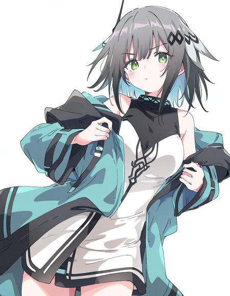 greythroat,1girl,solo,looking at viewer,simple background,white background,cowboy shot,<lora:greythroat-000012:1>,, masterpiece, best quality, very aesthetic, absurdres,newest, incredibly absurdres,, (Ixy:0.6)),(hiten \(hitenkei\):0.7),
