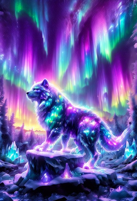 lazympos, morph-aurora, A platinum-tier animal sitting in  an aurora-lit crystal forest, prismatic light shards refract through ice formations, glowing celestial patterns dance across its obsidian collar, hyper-detailed fur texture with rainbow iridescence, 8k resolution.