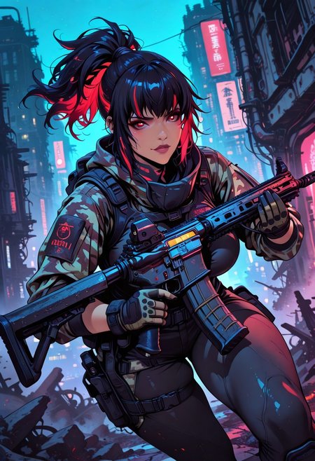 <lora:ck-nc-cyberpunk-IL-000011:0.4>, masterpiece, best quality, good quality, very aesthetic, absurdres, newest, 8K, depth of field, focused subject,
dynamic angle, action shot, 1girl, western girl, latina girl, tan skin, sexy face, looking at viewer, fierce look, (camouflage glowing hair:1.2), black hair, red highlights in hair, ((ponytail hair)), curvy body, large breasts, tight tactical leggings, cross_draw, AR15 rifle, assault rifle, rifle_draw, one_hand_on_trigger, trigger discipline,  arid environment, city, ruins, nightvision, at night,