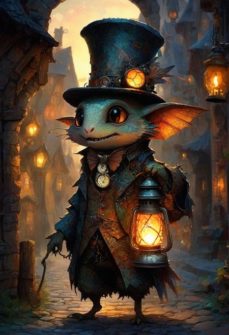 CreepyCuteMagical,   A tiny imp with a potbelly and dragonfly wings, wearing a ragged top hat and holding a glowing lantern. Its skin is a patchwork of scales, fur, and feathers, giving it a strangely endearing, mismatched look. The setting is a cobblestone street in a magical village at dusk, where bright magical shop windows emit rainbow-hued light. The art style evokes a mix of steampunk and whimsical fantasy.