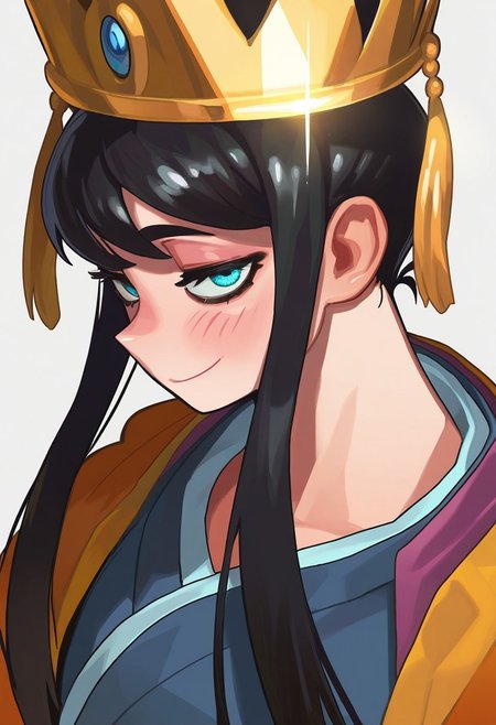 COLIG_ST, masterpiece, best quality, very aesthetic, high resolution, ultra-detailed, absurdres, newest, extremely detailed eyes, beautiful, perfect lighting, hi res, amazing quality, very awa, Brightly Lit, Highly Visible, 8k, sharp focus, beautiful, perfect lighting, volumetric lighting, scenery, painting_(artwork),  1girl, black hair, white background, smile, looking at viewer, simple background, japanese clothes, glint, bangs, long hair, upper body, kimono, sidelocks, crown