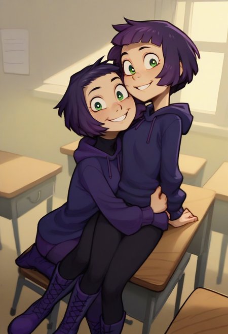 score_9, score_8_up, score_7_up, score_6_up, score_5_up, score_4_up, 2 girls in image, sitting on desks, smiling, looking at viewer, arms around each other, friends, 
BREAK, 
1 girl, square head, green eyes, squinch, round eyes, long hair, dark blue hair, dark blue dress sweater, black leggings, small black boots, 
BREAK
1 girl, short hair, purple hair, long eyelashes, purple hoodie, purple skirt, purple shoes, , hood up