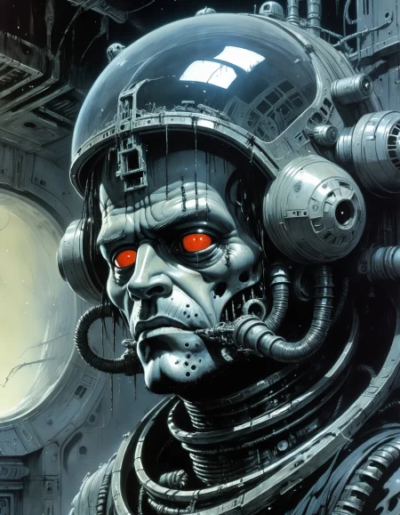 "Close-up, front-facing view of a scavenger, his face reflecting horror, within the chilling confines of a derelict space station. Sharp contrasts, lavishly intricate, drawing from H.R. Giger", surrealism, weird and pissed off, oil on canvas, dry brush, <lora:John Berkey Style:0.9>, John Berkey Style