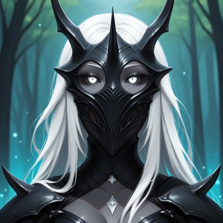 1girl,, Changeling, gray skin, white eyes, white hair, dark eyelids, 1girl, Armor, Outdoor, fantasy background, nature, blurred background,