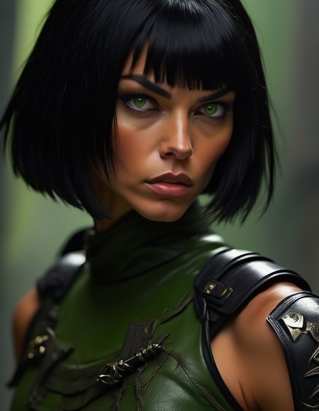 A fierce close-up of a warrior woman with jet-black hair cut in a sharp bob, piercing green eyes staring directly at the viewer, her strong jawline and furrowed brow reflecting determination and intensity. <lora:usual-portrait-v2:1>