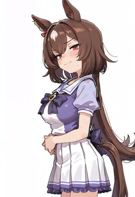 1girl,sirius symboli \(umamusume\),umamusume,animal ears,blush,bow,breasts,brown hair,closed mouth,ear ornament,hair between eyes,horse ears,horse girl,horse tail,large breasts,multicolored hair,petticoat,pleated skirt,puffy short sleeves,puffy sleeves,purple bow,purple shirt,red eyes,sailor collar,school uniform,shirt,short sleeves,simple background,skirt,solo,streaked hair,summer uniform,sweat,tail,tracen school uniform,white background,white hair,white skirt,looking at viewer,ear ribbon,from side,red ribbon,sailor shirt,horseshoe ornament,purple bowtie,ribbon,smile,long hair,bowtie,cowboy shot,very long hair <lora:sabotenmanXL_NBVP1_lokr_V6311PZ:0.95>