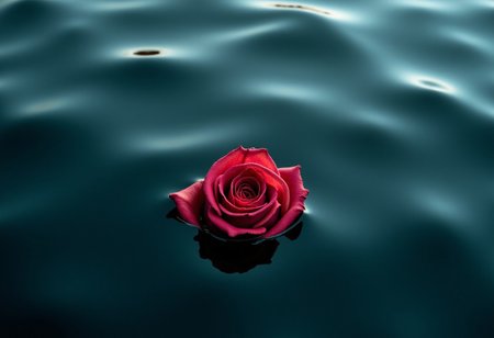 A wilted rose floating in a dark sea, symbolizing a love that has faded but is still remembered in the waves.