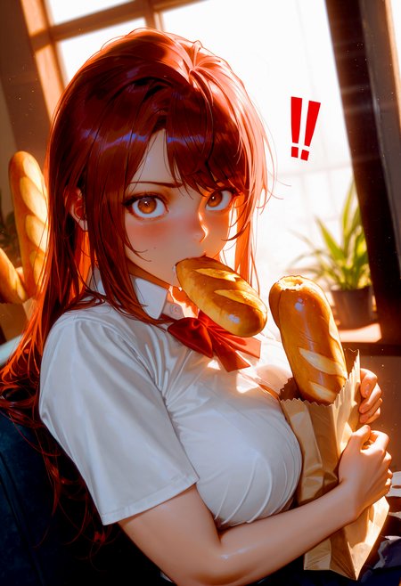HDR, 8K, high contrast, masterpiece, best quality, amazing quality, very aesthetic, superabsurd res, high resolution, ultra-detailed, absurdres, newest, scenery, (horikoshi kouhei:0.3), (quasarcake:0.3), (wlop:0.3), light rays, chiaroscuro, dynamic angle, upper body, wide angle, solo, tm_vikki, brown eyes, large breasts, school uniform, white shirt, short sleeves, open clothes, bursting breasts, skindentation, deep skin, sleeves past wrists, object hug, finger nails, eating, food in mouth, holding bag, bread, paper bag, baguette, wide eyes, surprised, guilt, !!, embarrassed, looking at viewer, wavy mouth, drooling, inside, cafe, window, plants, golden hour, sunbeam, dappled sunlight, crack of light, backlighting, partially illuminated, Intricately designed, Mysterious Shadows, BREAK, photorealistic, beautiful detailed eyes, detailed skin, detailed hair, volumetric lighting, dappled light, light particles, dramatic shadows, cinematic lighting, photo background, (depth of field:1.3), <lora:ponyxl\cfg_scale_boost:0.8> <lora:IL\KMS_TM_Vikki_v2_IL-000009:0.9>