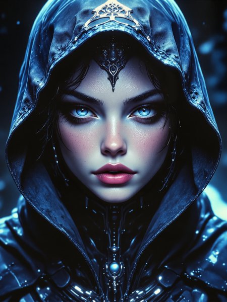 famous masterwork sci-fi portrait painting of a stunning young woman, highly aesthetic, hyper-realistic, photo-realistic, ultra detailed, high resolution, uhd, 8k, 4k, epic, dramatic, accurate, perfect composition, at night, dim lighting, is this the beginning or the end? your fate's in the palm of my hands, betwixt the light and the void within the heart of the front, beyond the reaches of god, smothered in triumph and loss, alas, the nightmare nears its end, as the hourglass drains of its sand, betwixt the light and the void, beyond the reaches of god, i am worthy of the conquering of all, cosmic horror, a hooded figure, arcane sigil, eldritch runes, the color palette is predominantly night blue and wine red and deep violet and sea green, lovecraftian, cthulhu mythos, aidmafluxpro1.1, arsmoviestill, 80s fantasy movie still, <lora:flux_pro1.1_detailer-v0.3-flux-by_aidma:0.64> <lora:style-80s_fantasy_movie-v3-flux-by_arsmachina:0.8>