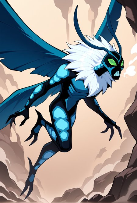 <lora:bigchill-07:1> bigchill, solo, 1boy, green eyes, blue skin, no humans, green sclera, teeth, no pupils,, blue wings, dynamic pose, neck fluff, neck mane, white neck fur,  antennae, steam breath,, masterpiece, best quality, amazing quality, very aesthetic, absurdres, newest,
