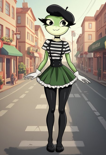 score_9,score_8_up,score_7_up,
outdoors,
full body, closed mouth smile,,long eyelashes,pose, tall, standing, 
<lora:Mashka_v01_PDXL:1>,Mashka,1girl,solo,furry female,green skin,yellow skin,two-tone skin,shiny skin,black eyes,long eyelashes,wearing french beret, black eyeliner,wide hips, black choker, mime artist outfit, black beret, black striped shirt, black tight leggings, black suspenders, frilled skirt, white gloves, slender, skinny, petite 1930's city background, mime poses, 
<lora:add-detail-xl:1>,