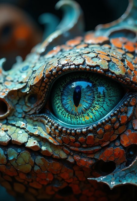 Focus on the textured surface of a mythical dragons eye and slight part of its nose and mouth with teeth visible,capturing the dense network of tiny, repeating dimples that create a fractal-like pattern. Use an ultra macro lens to isolate a small section of the eye,emphasizing the tactile detail of its teal surface. Side lighting enhances the dimensionality of each line, casting subtle shadows across the dragons red scaled skin.
Position the camera to balance symmetry and organic randomness, creating a dynamic yet harmonious composition. The vivid teal hue of the eye dominates the frame, with blurred highlights in the background adding a sense of warmth and depth. This close-up transforms an everyday object into a study of micro-scale fractal beauty.
