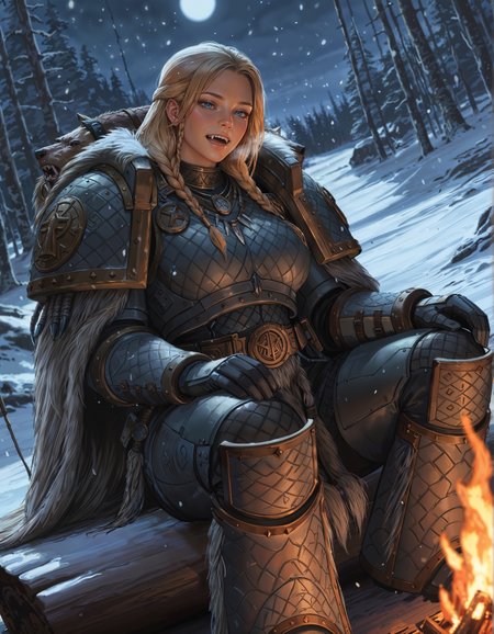 masterpiece, best quality,high quality, newest, highres,8K,HDR,absurdres, dynamic angle, realistic, 1girl, iLLemanR40K, solo, power armor, fangs, long hair, braids, necklace, sitting, viking, pelts, campfire, sitting, at night, snow, dutch angle, close up,  <lora:iLLemanR40K:1>