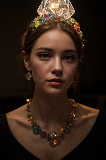 (Colorful crystal cluster with light melding together to form a human girls face and bust:1.2), (skin made out of crystal formations), living crystal. photo, studio lighting, sony a7, 35mm, best quality, masterpiece, 8k, uhd, hyperrealistic, big depth of field, concept art, colors, hyperdetailed, hyperrealistic, (big depth of field), (moody lighting), (ambient light), ((cinematic)), <lora:add_detail:0.6>, <lora:uzaa:0.5>