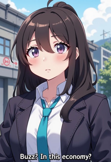 masterpiece, best quality, highly detailed, score_9, score_8_up, score_7_up, 
Anime android looking puzzled at the viewer, caption at the bottom that says "Buzz? In this economy?"