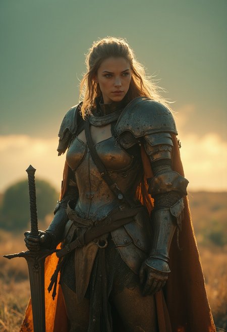 Infront an eerie orange bleaked sundawn, volumetric Green Clouds, a Buxom charming heavy armored SpongeBob inspired hkstyle knightess with flamboyant towering shoulder Armor And long Hair, Freckles, shaded eyes, vibrant creativity in a single frame, a kaleidoscope of DARK and Grey colors, She holds an old, impressively large translucent worn weapon in her hand, exuding a laid-back yet dangerous vibe. The photo features faded colors, with a limited palette of gray, beige, and washed-out orange, capturing her cool, striking appearance.. cinematic composition, soft shadows, national geographic style, 
sinister Dark, cinematic, deep blacks, Perfect Hands,, the low-toned orange hues of the evening sun behind volumetric translucent Clouds, cast a mesmerizing backdrop, deep blacks, atmospheric haze, shrouded Dark, Film grain, very detailed, simple, Gradient,, atmospheric haze, Film grain, cinematic film still, shallow depth of field, highly detailed, high budget, cinemascope, moody, epic, OverallDetail, 2000s vintage RAW photo, photorealistic, candid camera, color graded cinematic, eye catchlights, atmospheric lighting, imperfections, natural, shallow dof