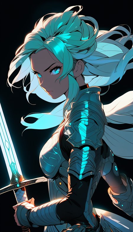 sword focus, masterpiece, best quality, 1girl, solo, futuristic, holding sword, intricate, over the shoulder, looking at viewer, black background, simple background, glow in the dark, sci-fi, multicolored hair, aqua eyes, warrior