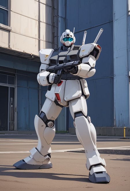 score_9, score_8_up, score_7_up, (blue gm, light blue gm, blue armor, standing, 1 mech, blue mech, mech focus, giant gm, sniper rifle, long rifle,)  BREAK, source_anime, cowboy shot, front view, BREAK, buildings