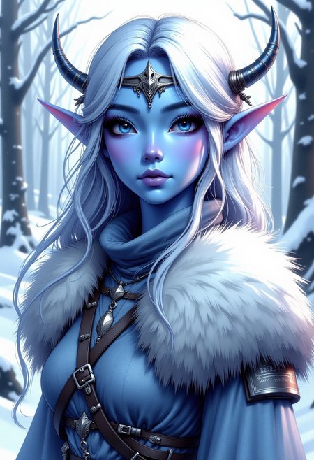 FFAOR, inksketch, 1woman, a snow elf, portrait, beautiful blue skin, snowy forest background, fur trimmed outfit, anime