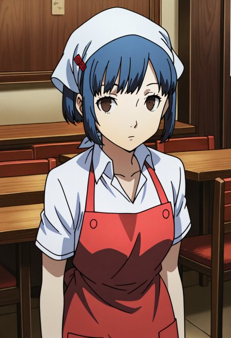 1 girl, solo, cute face,
p4aika, short hair, blue hair, head scarf, red apron, hair ornament, collared shirt,
looking at viewer, standing, expressionless,
inside, restaurant,
masterpiece, best quality, ultra detailed,