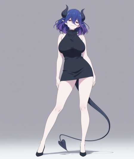 highres, absurdres, hi res, best quality, masterpiece, 2d, intricate details, 4k, anime coloring, epic composition, intricate, elegant, digital painting, highly detailed, artstation, sharp focus, illustration,
1girl, solo, female, red eyes, short hair, medium hair, bangs, hair between eyes, purple hair, blue hair, tail, horns, black horns, pointy ears, demon girl, demon horns, demon tail,
breasts, large breasts, bare shoulders, thighs, dress, sleeveless, black dress, sleeveless dress, turtleneck, halterneck, short dress, sleeveless turtleneck, halter dress, turtleneck dress, seamless dress, seamless,
shoes, black footwear, 
looking at viewer, facing viewer, contrapposto, arms at sides, full body, 
white background,
blurry, motion blur, motion lines, focus blur, depth of field, <lora:Vermeil_(Character)_ILXL:1>, vermeil \(kinsou no vermeil\), kinsou no vermeil,