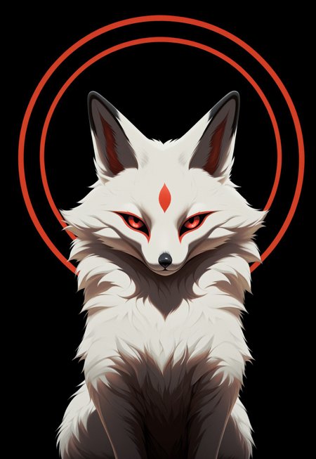 masterpiece, very aesthetic, newest, high score, best quality, absurdres, kitsune_yokai, solo, looking at viewer, simple background, red eyes, no humans, animal, black background, animal focus, white fur, fox, circle