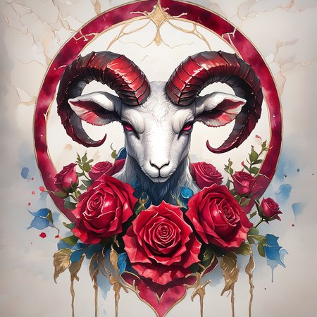 ArsMJStyle, Aries, The image shows a painting of a ram surrounded by red roses on a marble background. The ram is depicted in a painting style with its horns and horns clearly visible. The roses are vibrant and full of life adding a splash of color to the painting., flower, red flower, horns, rose, no humans, red rose, red eyes, painting (medium), solo, traditional media, watercolor (medium), looking at viewer, blue flower core_9, score_8_up, score_7_up, score_6_up,    <lora:ArsMJStylePony:1>