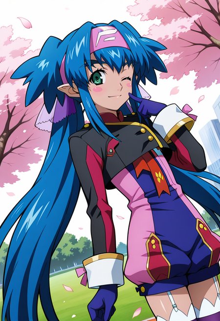 park, trees, flowers, floating petals,
BREAK,
wink, light smile, finger on cheek,, blush stickers, looking at viewer, heart,
cowboy shot, dynamic angle, 
BREAK,
<lora:klan_illustriousXL_v01:1>
klan klein, klandef, pointy ears, dark skinned female, blue hair, green eyes, pink bandana, twintails, very long hair, hair ornament, 
military uniform, sleeve cuffs, unitard, cropped jacket,  puffy shorts, source_anime, very aesthetic, anime coloring, masterpiece, 
best quality, amazing quality, ultra detailed, very aesthetic, 
detailed background, 
BREAK,