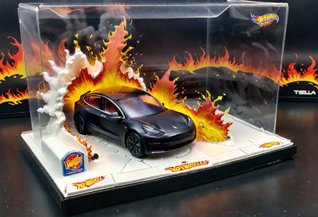 Hot Wheels toy car company have made a toy car version of a Tesla Model 3, The toy telsa model 3 car comes in a mini display unit/box. The car is exploding into fire and flames, white smoke fills the top of the display box, (realistic explosion from car), (realistic Flames bellow from the car windows inside the display unit),  (standing next to the car is a little palstic toy man, he holds both arms in the air,