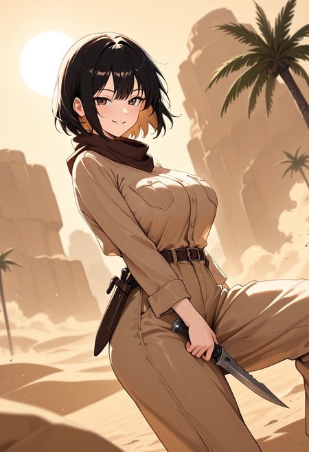 masterpiece, best quality, good quality, very aesthetic, absurdres, newest, 8K, depth of field,  in the style of cknc, artist:moriimee, in the style of cksc, 
1girl, short black hair, messy, brown eyes, large breasts, bouncy, leather bandana, tattered cloak, sandy skin, wielding dagger, smirking, looking at viewer, from side
BREAK
desert oasis, palm trees, sandstorm brewing
BREAK
warm light, golden tones, high contrast, dusty haze, rich details, adventurous vibe