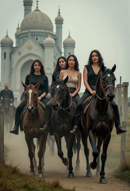 four beautiful women on horses representing the four horsemen of the apocalypse. A dystopian scene as the women ride the horses.