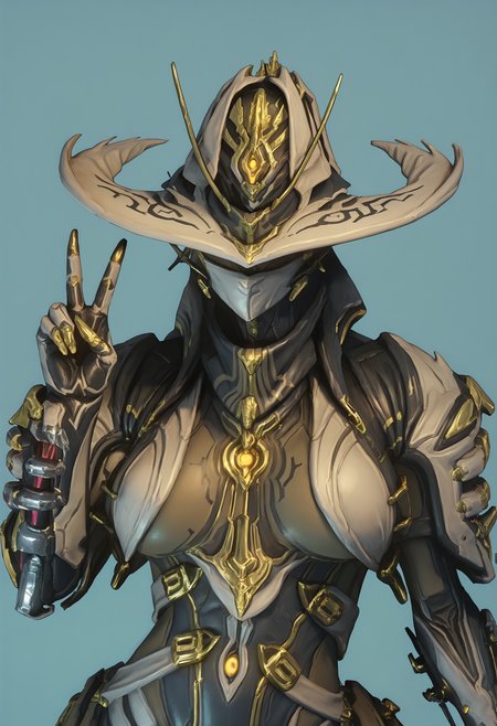 score_9, score_8_up, score_7_up, score_6_up, score_5_up, score_4_up, 1girl, <lora:MesaPrime:0.85> solo, large breasts, robot, cyborg, no humans, hat, mask, bodysuit, helmet, armor, upper body, v sign, 
(light blue background:1.2), simple background,