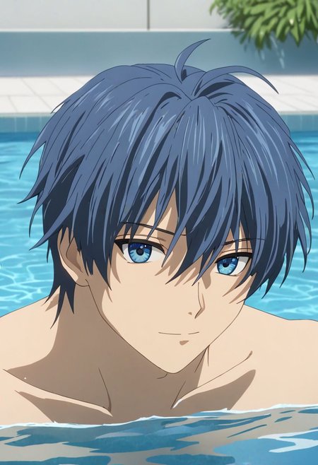 Anime Style, easynegative, detailed_eye_model, Highres, Masterpiece, High Quality, 4K, 8K, solo, 1boy, Tomoya Okazaki, Deep Blue Eyes, Grey Blue Hair, swimming pool, clear water, swimming, happy, calm, shirtless,