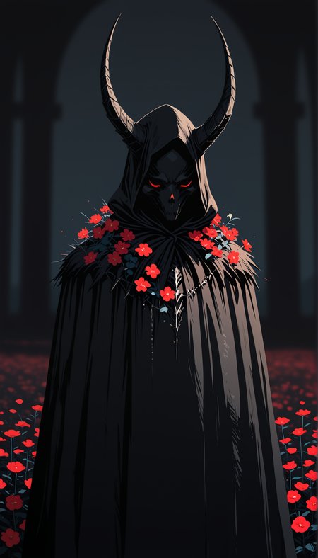 masterpiece, best quality, newest, highres, absurdres,no lineart, no outline, detailed, solo, horns, hood, blurry background, cloak, negative space,blending,chiaroscuro,flowers, too many flowers),three quarter view,depth of field,scenery