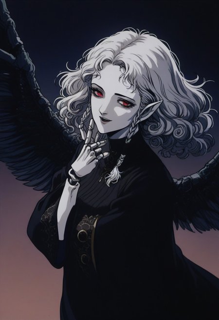 score_9, score_8_up, score_7_up, rating_questionable, D4rkR3troSc1f1, 1girl, agratsmtvv, curly hair, grey hair, twin braids, colored skin, grey skin, red eyes, pointy ears, witch hat, black dress, detached sleeves, black wings, doll joints, solo, kneeling, from side, looking up, (hands up, arms raised), head tilted, android body, exposed android joints, white hair, (mechaincal wings:1.2),open mouth, looking at viewer, evil smile, vgtsav, hand on own face, dark background, post-apocalyptic, cityscape