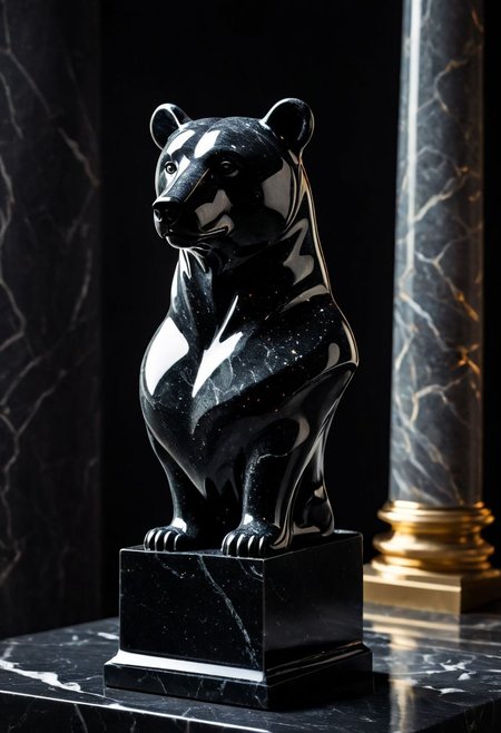 Fujifilm XT3, Sony A7 IV, (award winning photography) a (black: 0.79) marble simple (stylized: 1.49) (anthropomorphic bear) bust statue made of opal (Kintsugi: 0.89) set on a pedestal in temple, glistening. in the background beautiful pillars, divine (iridescent: 0.79), opalescent textures, volumetric light, ethereal, sparkling, studio photo, highly detailed, sharp focus (highest quality: 1.39) (highest coherency: 1.39) (award winning photography), highly detailed photography, (muted colors, cinematic, dim colors, soothing tones:1.2), vibrant, insanely detailed, hyperdetailed, (dark shot:1.2), (vsco:0.3), (intricate details:0.9), (hdr, hyperdetailed:1.2) (vignette), sss, raw photo, fijifilm, kodak, cinematic film grain, mesopotamian, babylonian