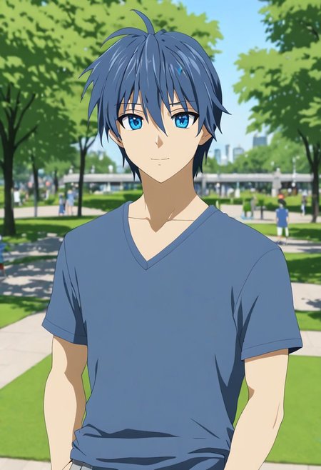 Anime Style, easynegative, detailed_eye_model, Highres, Masterpiece, High Quality, 4K, 8K, solo, 1boy, Tomoya Okazaki, Deep Blue Eyes, Grey Blue Hair, happy, v-neck, t-shirt, standing, 3/4 body, public park