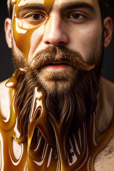 man, beard, face, honey covered
 <lora:CoveredWithStuff:0.7>